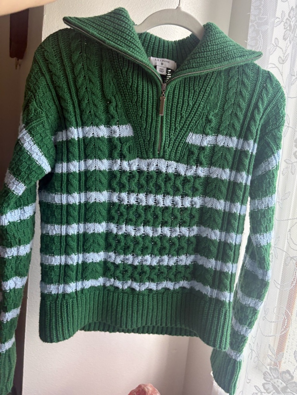 Preppy Cable-Knit Green & Blue Half-Zip Sweater